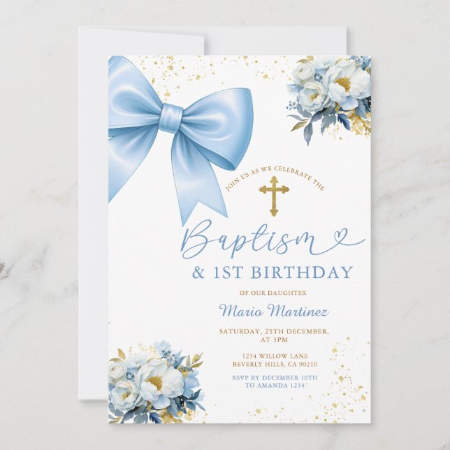 Invitation Blue Bow Coquette Girl Baptism and Birthday Floral (Devant)