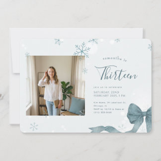 Invitation Blue Bow Coquette Girls Photo Winter 13th Birthday
