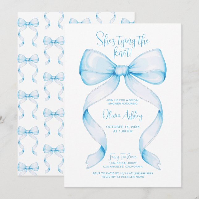 Invitation Blue Bow Elle noue la Fête des mariées de noeud (Devant / Derrière)