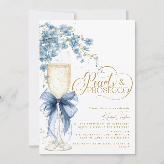 Invitation Blue Bow Floral Pearl & Prosecco Fête des mariées (Devant)