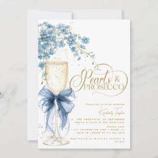 Invitation Blue Bow Floral Pearl & Prosecco Fête des mariées