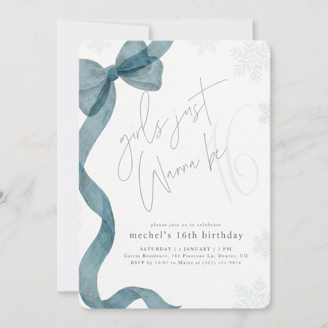 Invitation Blue Bow Girls Just Wanna Be 16 Winter Birthday (Devant)