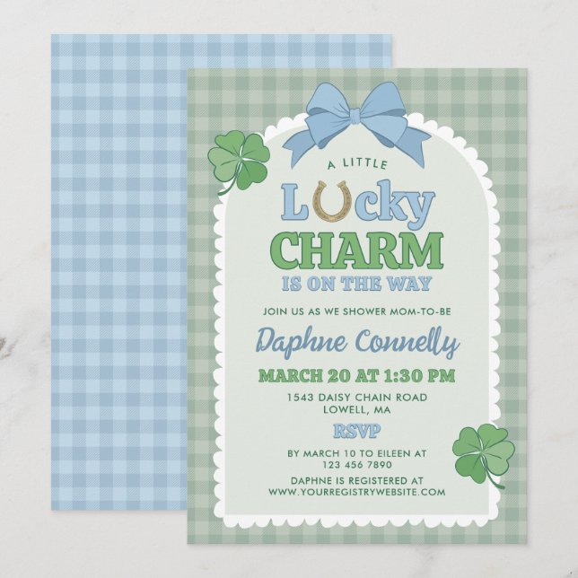 Invitation Blue Bow Horseshoe Lucky Charm Boy Baby Shower (Devant / Derrière)