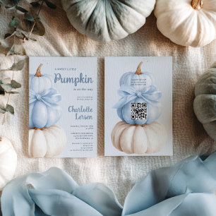 Invitation Blue Bow Little Citrouille Boy Baby shower QR Code