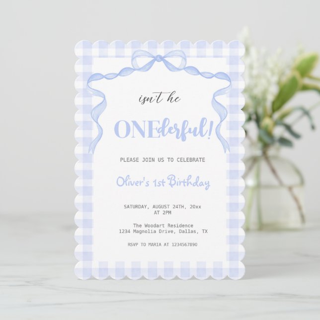 Invitation Blue Bow Onederful Boy 1er anniversaire (Debout devant)