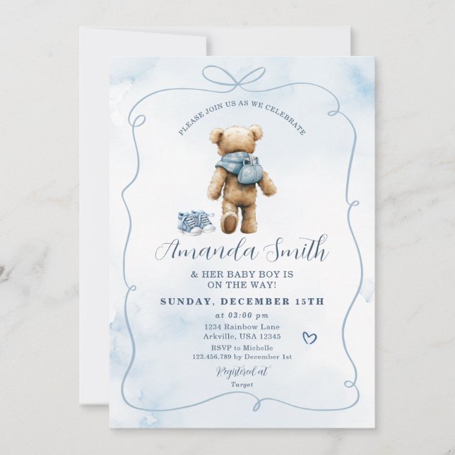 Invitation Blue Bow ours Baby Chaussures Baby shower garçon (Devant)