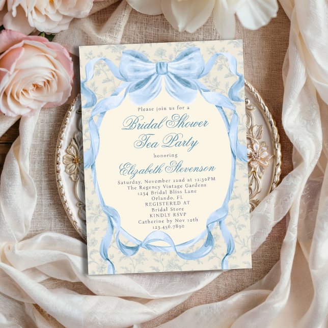 Invitation Blue Bow Regency Garden Tea Party Bridal Shower  (Créateur téléchargé)