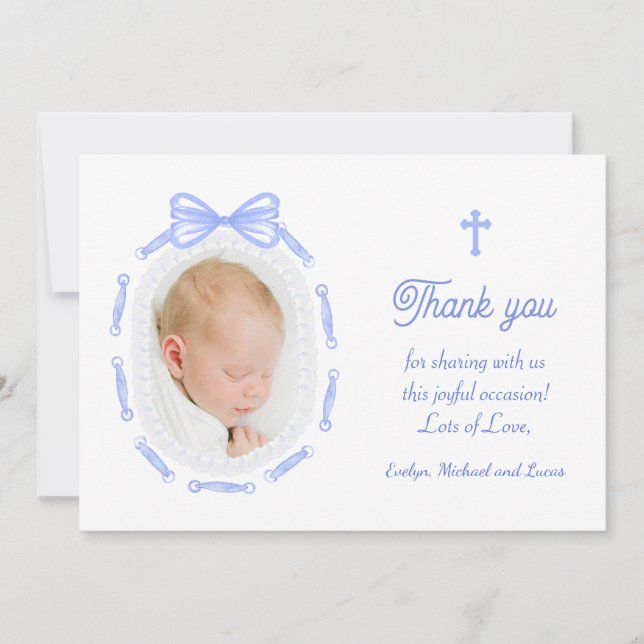 Invitation Blue Bow Ribbon Frame Baptism Thank You Card (Devant)