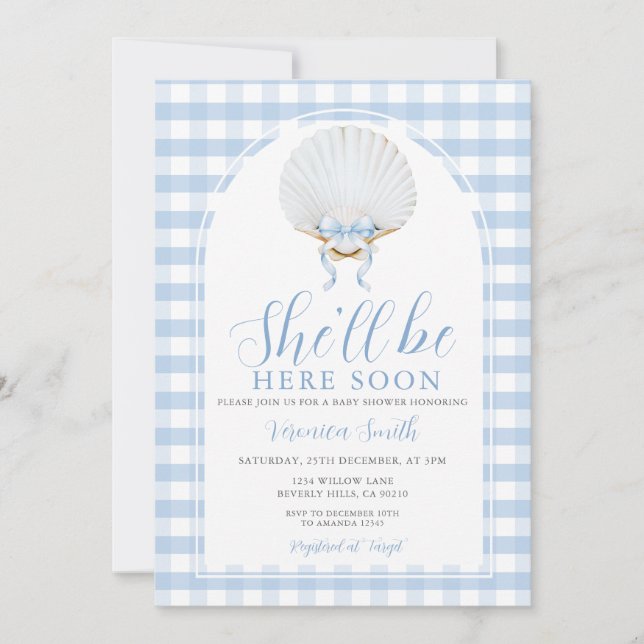 Invitation Blue Bow She'll Be Here Soon Sea Shell Baby Shower (Devant)