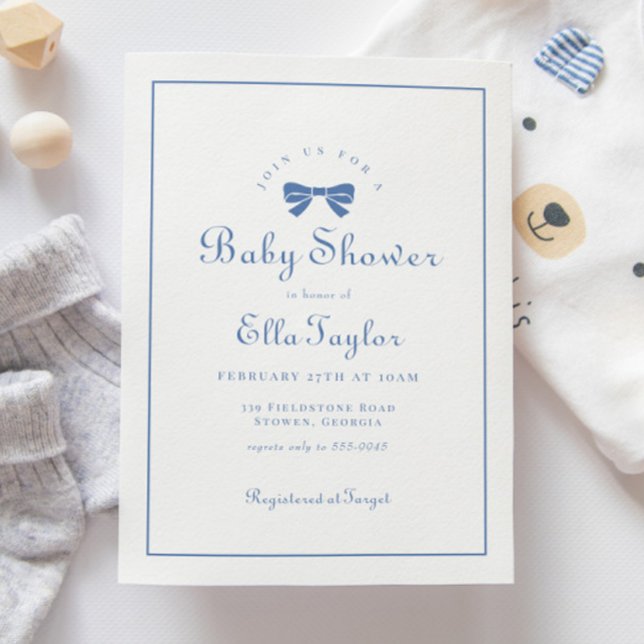 Invitation Blue Bow Simple Elegant Boy Baby shower (Créateur téléchargé)