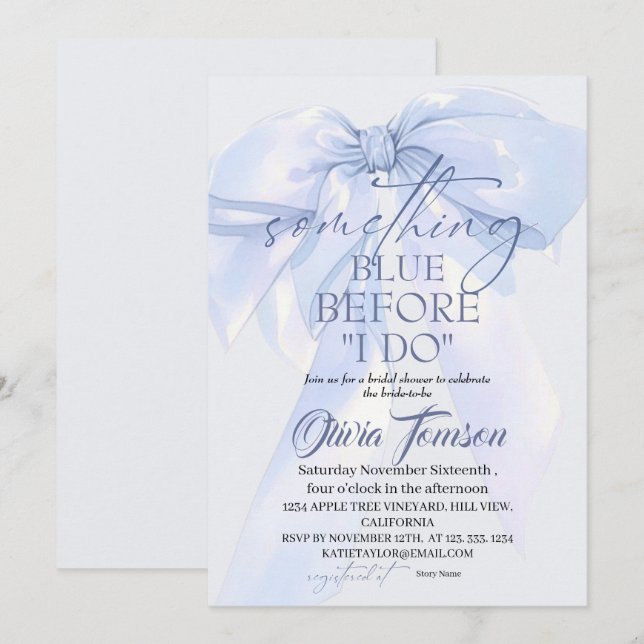 Invitation Blue Bow Something Blue Before I DO Bridal Shower (Devant / Derrière)