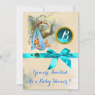 INVITATION BLUE BOW STORK BÉBÉ GARÇON DOUCHE GEMSTONE MONOGRA