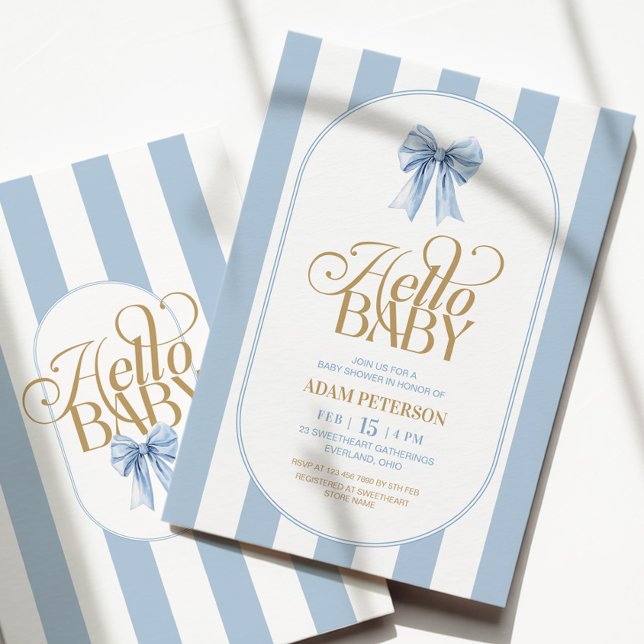 Invitation Blue Bow Stripes Elegant Baby Shower (Créateur téléchargé)
