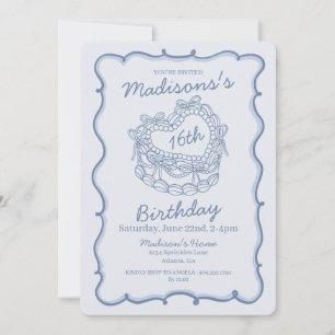 Invitation Blue Bow Sweet 16 Coquette gâteau Coeur Anniversai