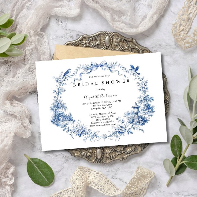 Invitation Blue Bow Toile Garden Bridal Shower  (Blue Bow Blue White Toile Watercolor Florals Bridal Shower Invitation. Printed or Digital)