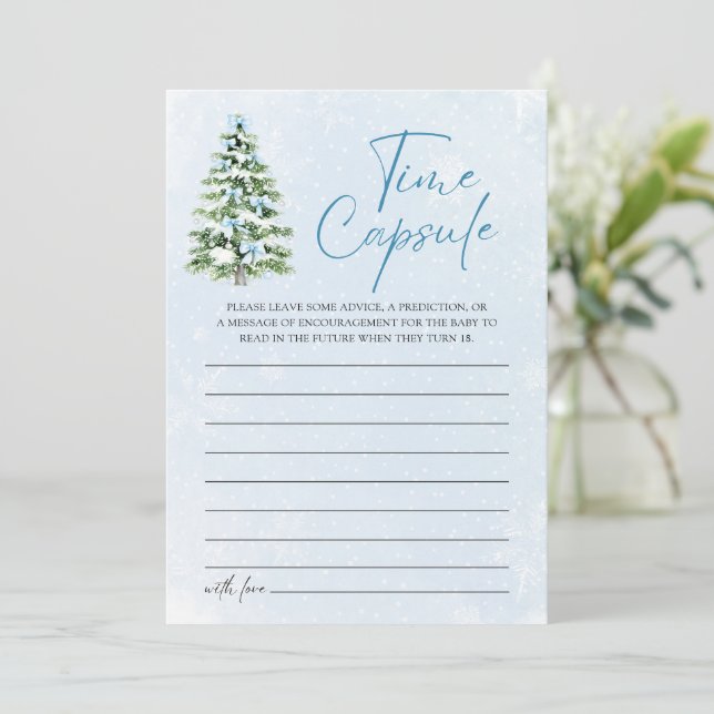 Invitation Blue Bows Christmas Baby Shower Time Capsule Game (Debout devant)