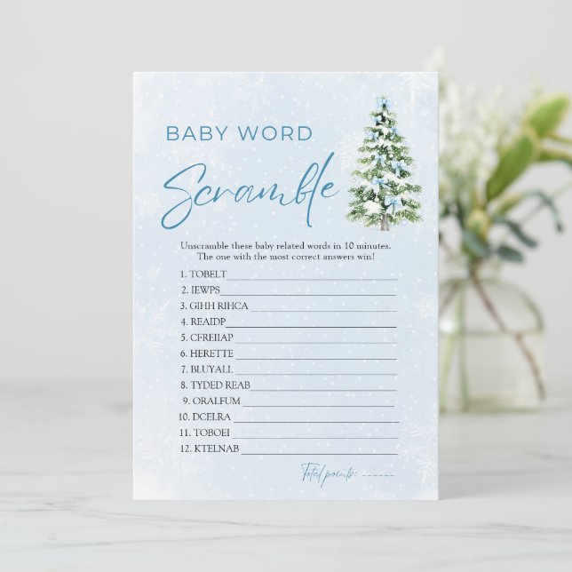 Invitation Blue Bows Christmas Tree Baby Word Scramble Game (Debout devant)