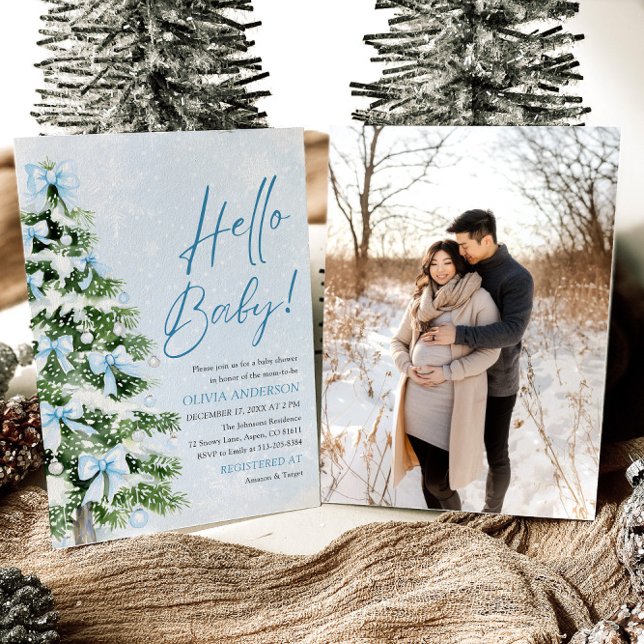 Invitation Blue Bows Christmas Tree Hello Baby Baby shower (Créateur téléchargé)
