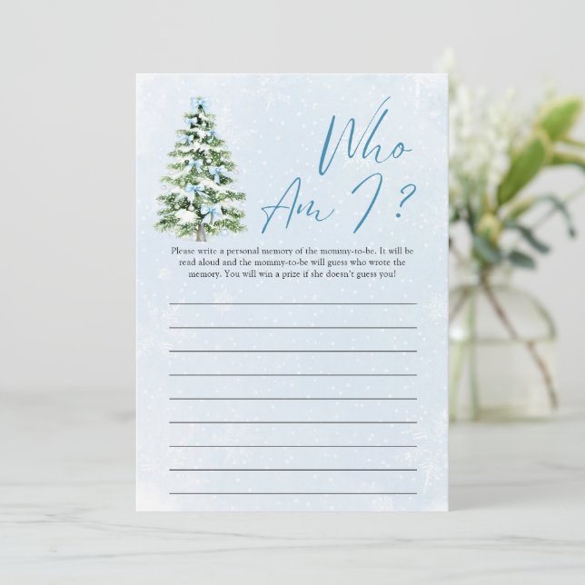 Invitation Blue Bows Christmas Tree Who Am I Baby Shower Game (Debout devant)