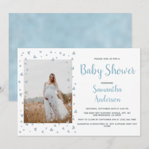 Invitation Blue Boy Baby shower Élégant Dusty Heart Photo
