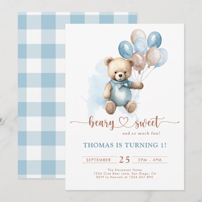 Invitation Blue Boy Beary Sweet 1er Anniversaire Plaid Teddy  (Devant / Derrière)