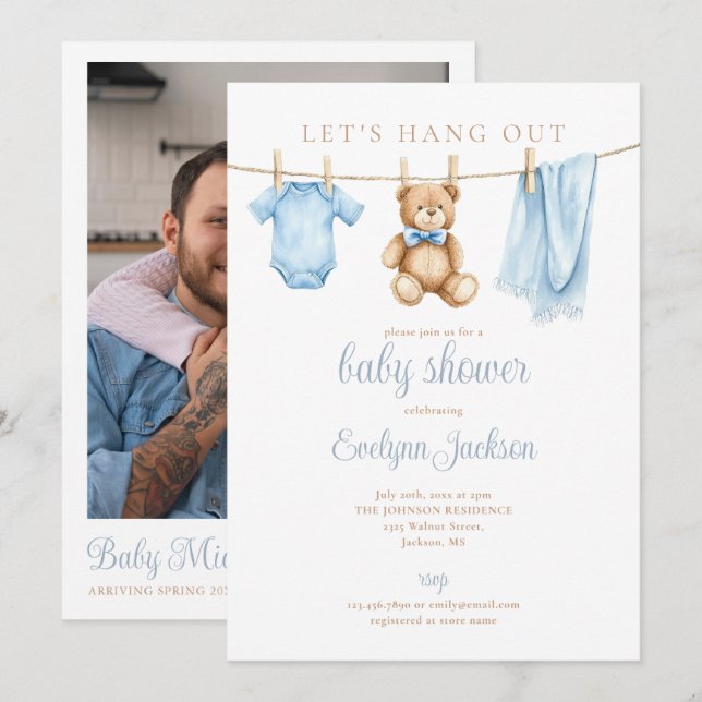Invitation Blue Boy Clothesline Baby Shower Photo QR Code (Devant / Derrière)