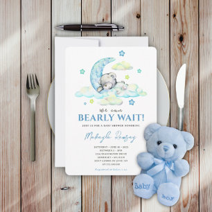 Invitation Blue Boy Teddy Bear On Moon Watercolor Baby shower