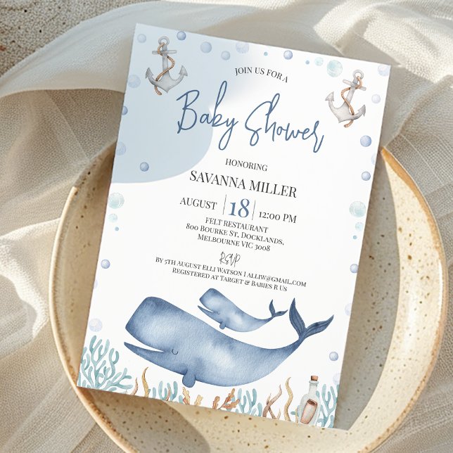 Invitation Blue Boys Whale Calf Baby shower (Whale Baby Shower Invitation Boy, Whale Calf Baby Shower Invite, Ocean Under the Sea Baby Shower)