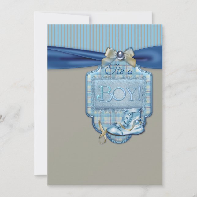 Invitation Blue Brown Booties Baby Boy Douche (Devant)