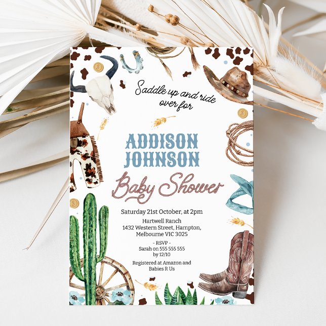 Invitation Blue Brown Boys Western Rodeo Baby shower (Baby Boys Rodeo baby Shower Invitation, Western Baby Shower Invitation, Boys Wild West Baby Shower)