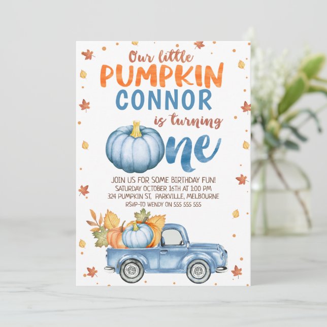 Invitation Blue Brown Orange Citrouille Camion 1er anniversai (Debout devant)