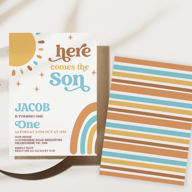 Invitation Blue Brown Retro Voici Le Soleil 1er Anniversaire (Here come the sun 1st birthday invitation boy, Retro sun first birthday party invitation, Sunshine)