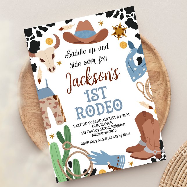 Invitation Blue Brown Saddle Up Premier Rodéo 1er Anniversair (Blue Brown First rodeo 1st birthday invitation, Wild west 1st birthday invite, My First Rodeo Invite)