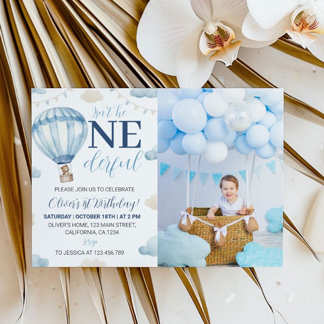 Invitation Blue Brown Teddy Bear Anniversaire Photo Invitatio (Créateur téléchargé)