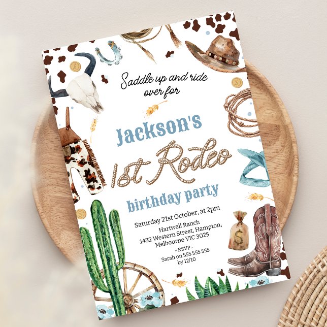 Invitation Blue Brown Western Premier Rodéo 1er Anniversaire (Boys 1st Rodeo Birthday Invitation My First Rodeo first Birthday Invite, Rope Text Blue Floral )