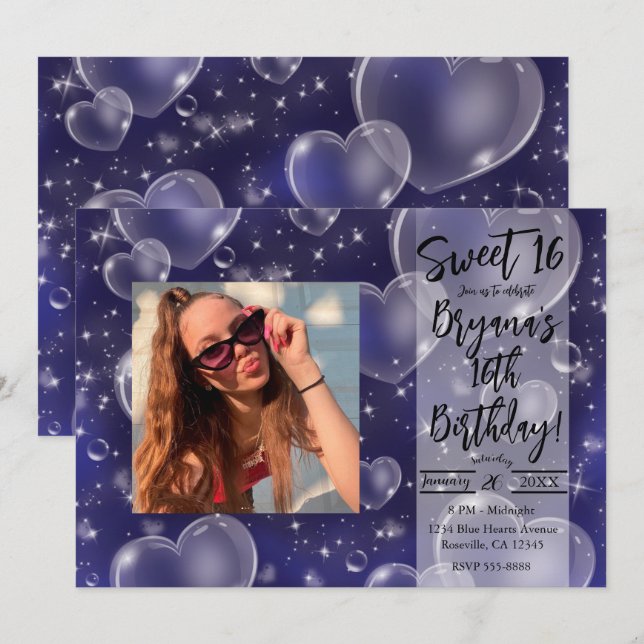Invitation Blue Bubble Hearts mignonne Girly 90's Anniversair (Devant / Derrière)