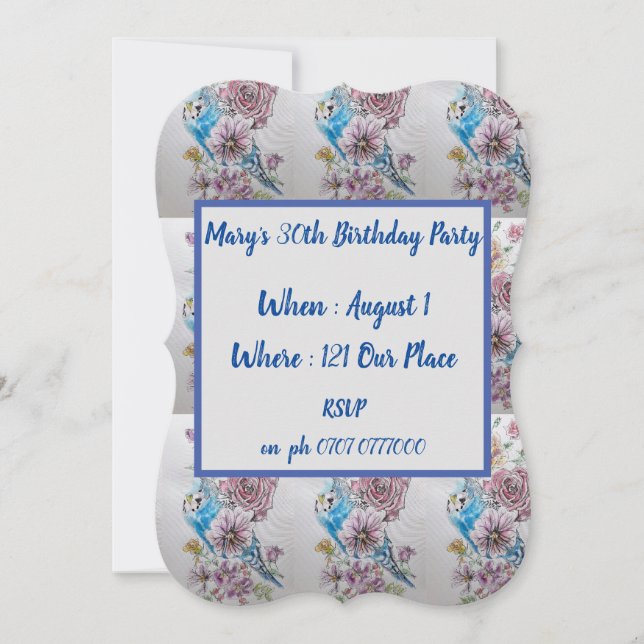 Invitation Blue Budgie Rose Floral 40e anniversaire Invitatio (Devant)