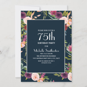 Invitation Blue Burgundy Blush Floral 75e anniversaire