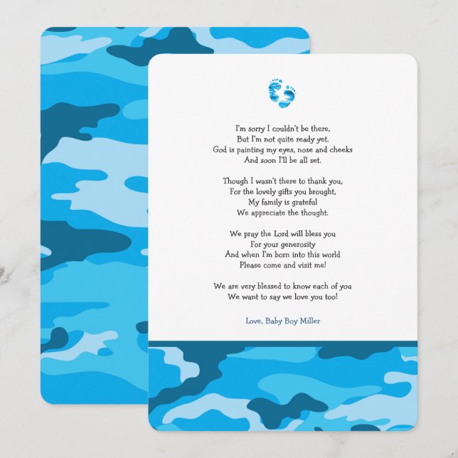 Invitation Blue Camo fille poème baby shower merci note (Devant / Derrière)