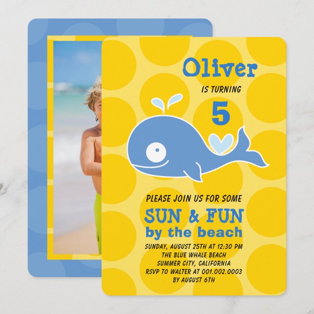 Invitation Blue Cartoon Whale Beach Party Photo Boy Anniversa (Devant / Derrière)