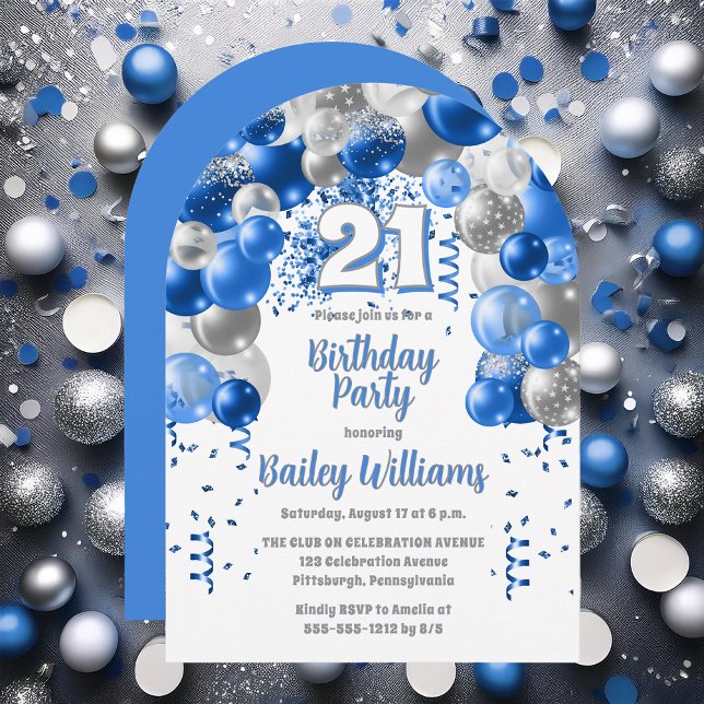 Invitation Blue Celebration Balloons 21e fête d'anniversaire (Blue | Silver Balloons "21" 21st Birthday Party Invitations - Print and/or Download Available)