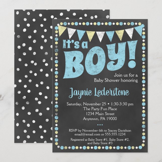 Invitation Blue Chalkboard C'est un Baby shower garçon Invita (Devant / Derrière)