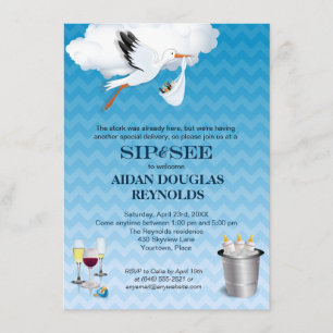 Invitation Blue Chevron Stork Baby Sip and See Party
