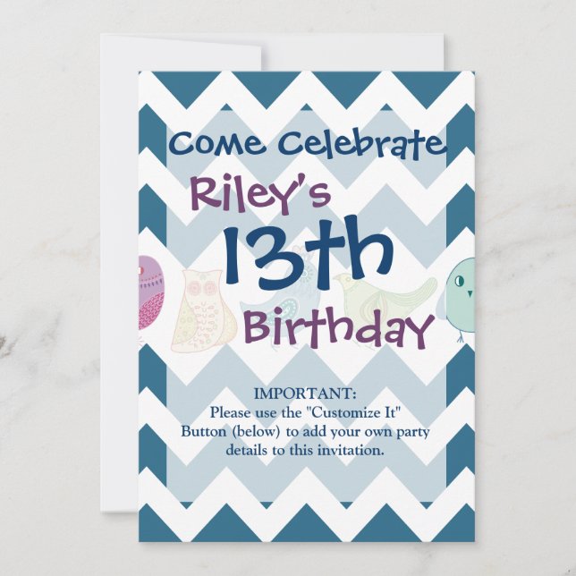 Invitation Blue Chevron Stripes Whimsical Cute Birds Owds (Devant)