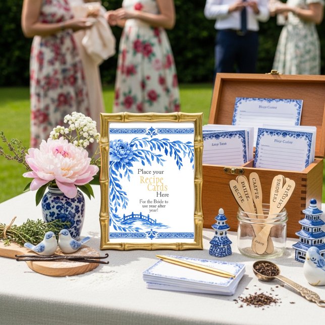 Invitation Blue Chinoiserie Recipe Cards Here Sign (Blue Chinoiserie Recipe Cards Here Sign)