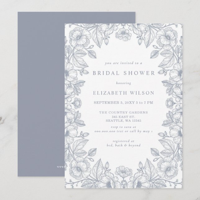 Invitation Blue Chinoiserie Toile Floral Bridal Shower (Devant / Derrière)