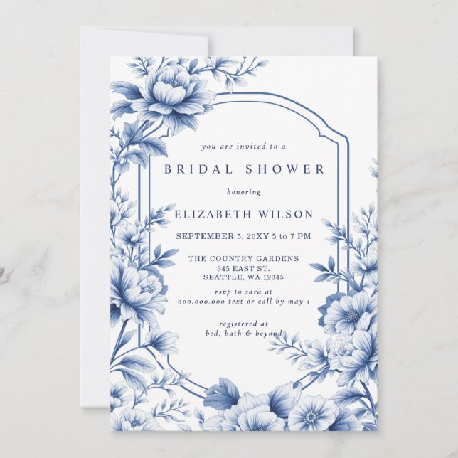 Invitation Blue Chinoiserie Toile Floral Bridal Shower (Devant)