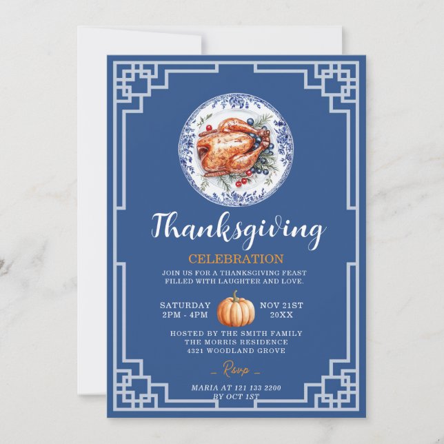 Invitation Blue Chinoiserie Turquie Thanksgiving Celebration (Devant)