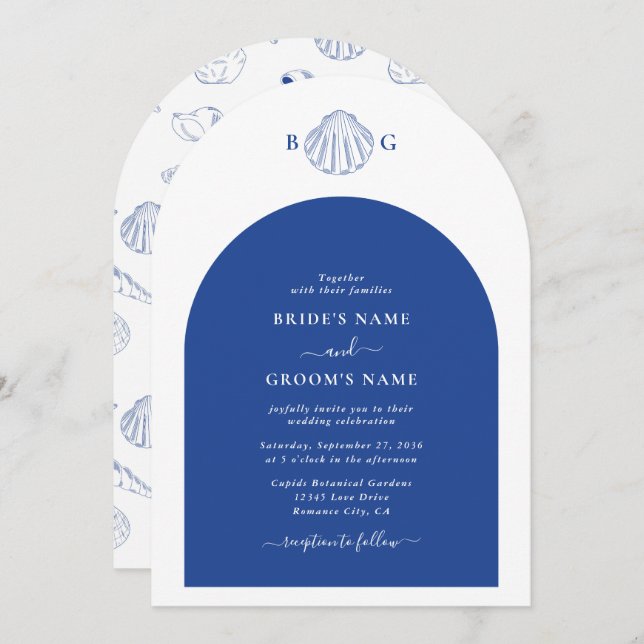 Invitation Blue Clam Seashells Coastal Seaside Beach Wedding  (Devant / Derrière)