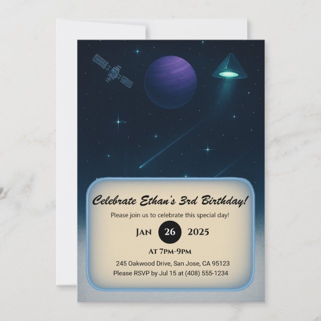 Invitation Blue Cone UFO & Planet Space Anniversaire (Devant)